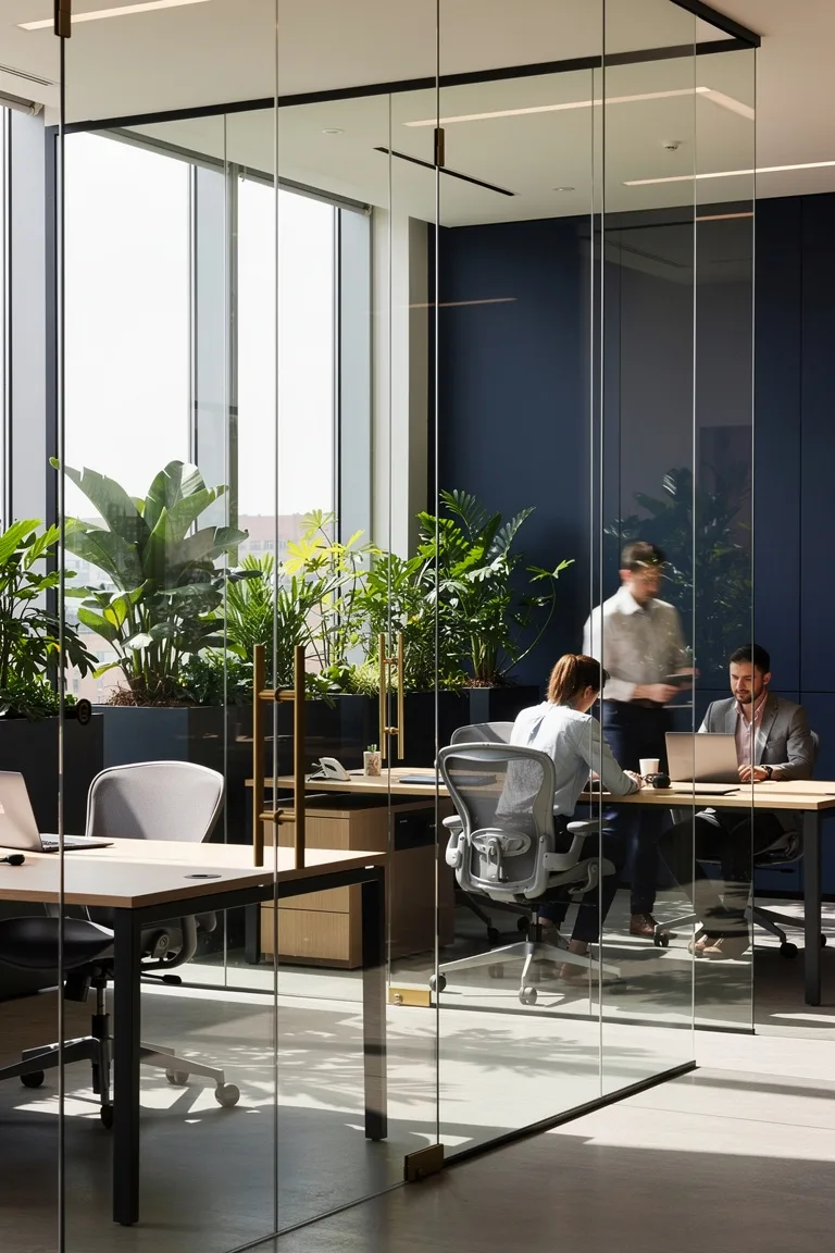 Helles modernes Büro mit Pflanzen und Glas